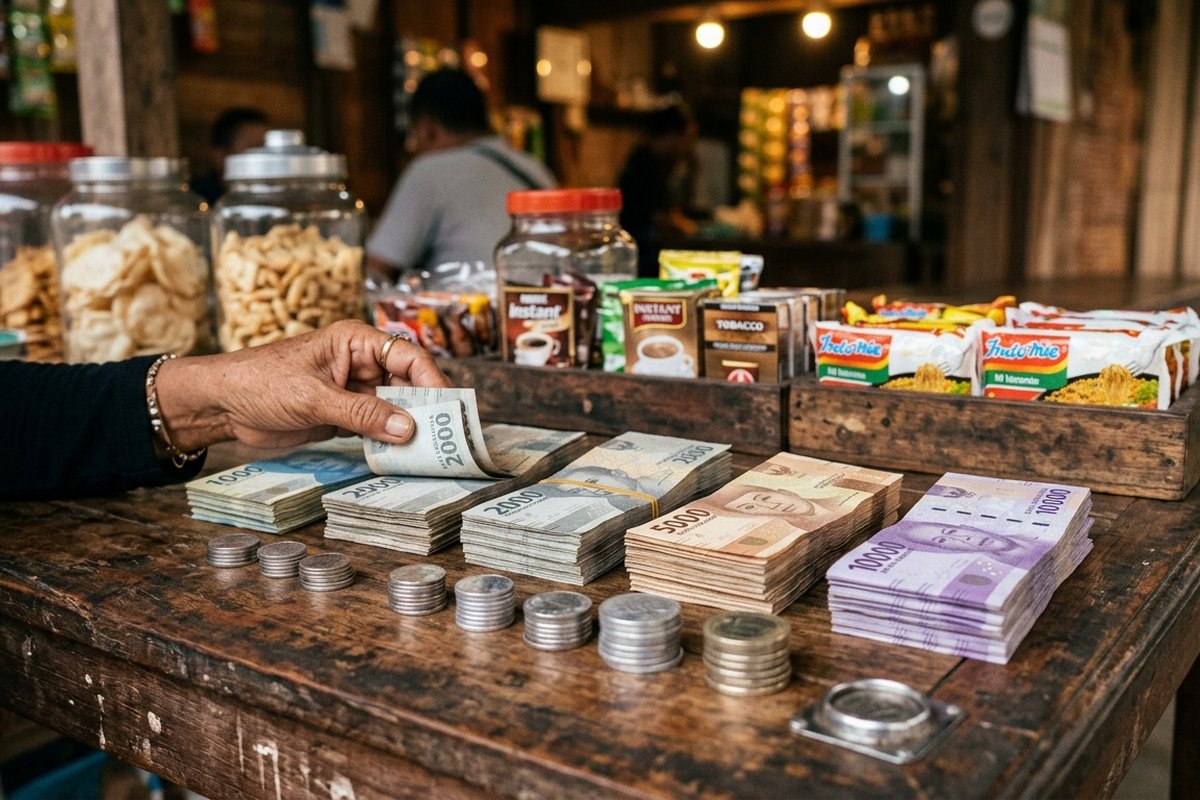 Tumpuan uang receh dan koin disusun di atas meja kasir warung