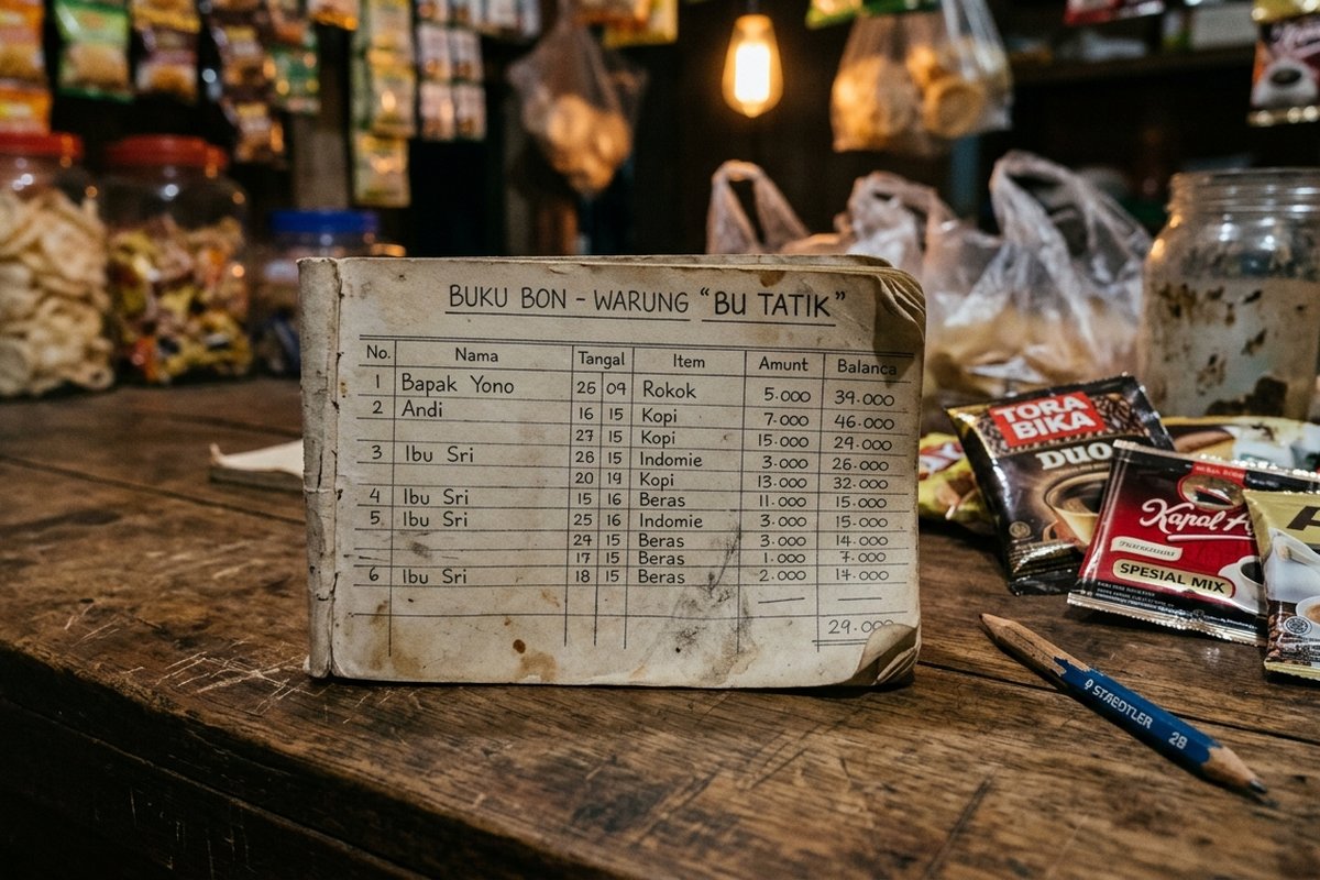Buku bon warung tua dengan catatan tulisan tangan dan pensil di atas meja kayu