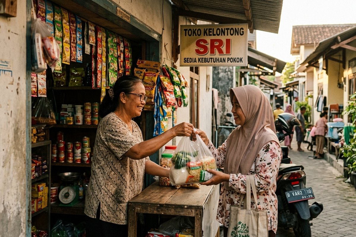 Pemilik warung dan pelanggan tetangga berbincang di depan etalase warung kecil