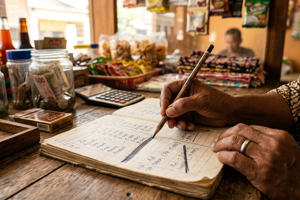 Tangan menorehkan coretan tanda lunas pada catatan bon di buku warung