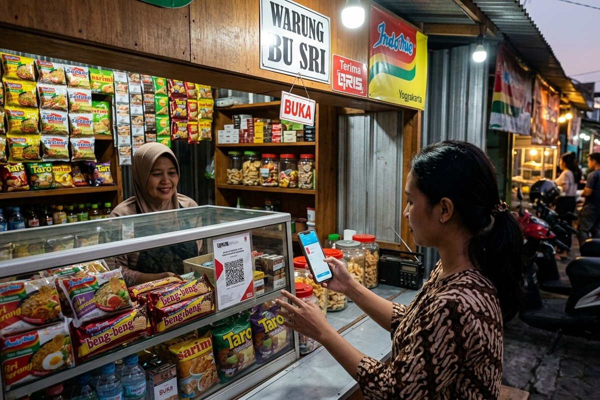 Warung kecil modern dengan kode QRIS tertempel di etalase dan ponsel untuk pembayaran